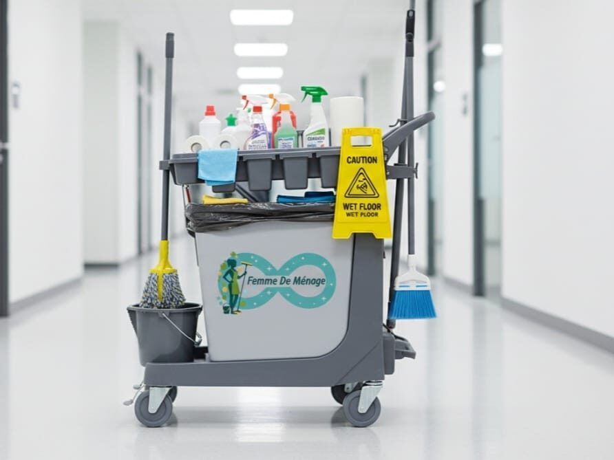 Schoonmaakwagen met materiaal in een bedrijfsgang