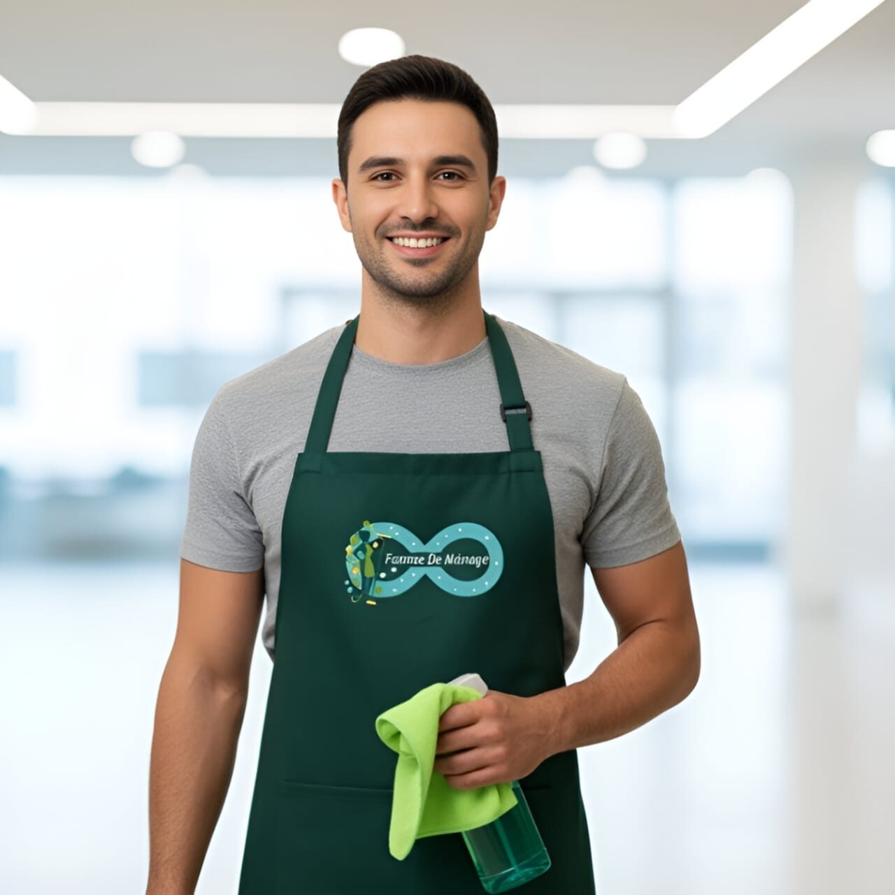 Medewerker met reinigingsmiddel in een kantoorruimte